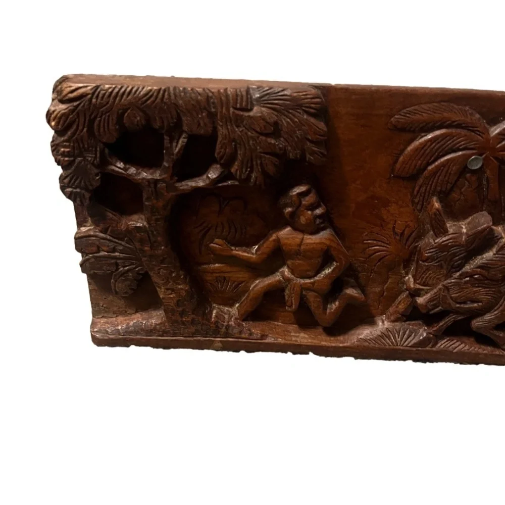 Vintage African Wooden Hand-carve Panel Wall Plaque Hunting Carving Wall Hanging